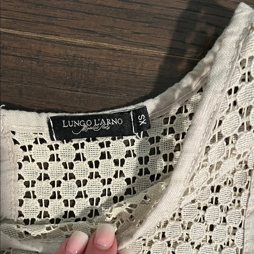 Lungo L’arno Italian Linen Sleeveless Cream Crochet-Trim Midi Dress - Picture 2 of 11